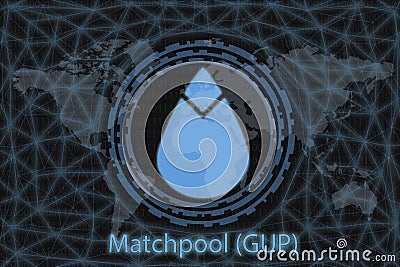 Matchpool GUP Abstract Cryptocurrency. With a dark background and a world map. Graphic concept for your design Stock Photo