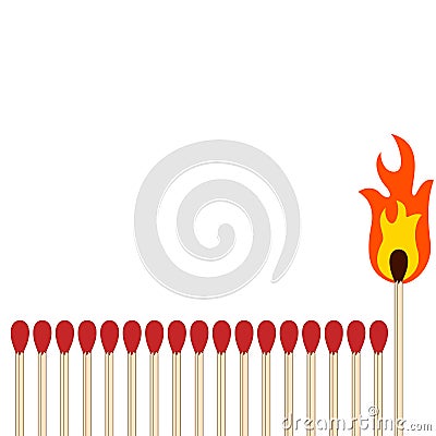 Matchsticks in a row with a unique one burning Vector Illustration