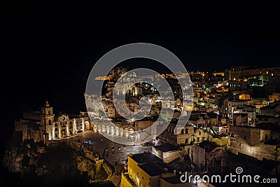 Matera panoramic view of old town at night, Basilicata,Italy. Stock Photo