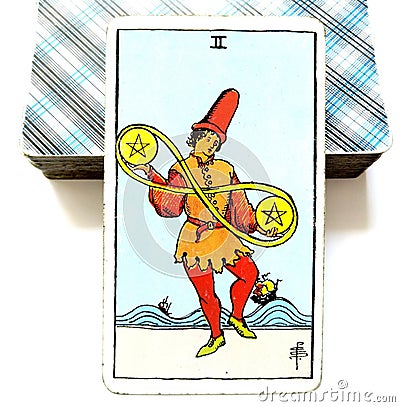 2 Two of Pentacles Tarot Card Material Decisions Financial Decisions Juggling Finances Cash-Flow Balancing Juggling Life Stock Photo