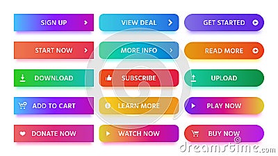Material design button. Modern colorful gradients, vivid color buttons with icons isolated vector set Vector Illustration