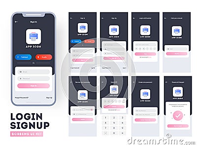 Material Design UI, UX and GUI layout with different Login Screens including Account Sign In, Sign Up, and Lock Screen for Mobile Vector Illustration