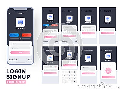 Material Design UI, UX and GUI layout with different Login Screens. Stock Photo