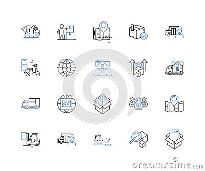 Material handling line icons collection. Forklift, Pallets, Conveyors, Warehouse, Cranes, Hoists, Loading vector and Vector Illustration