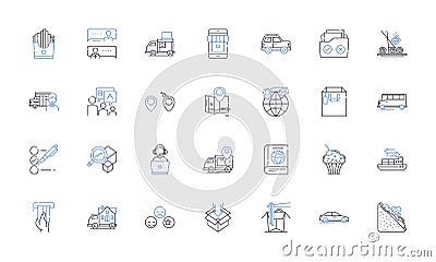 Material handling line icons collection. Warehouse, Forklift, Conveyor, Pallets, Loading, Unloading, Packaging vector Vector Illustration