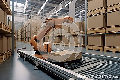 material handling robot transporting heavy load through busy warehouse Stock Photo