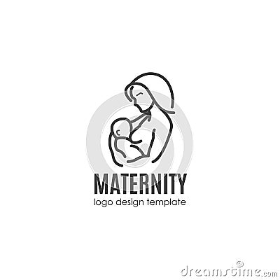 Maternity concept, breast-feeding - happy woman with newborn. Vector logo design template in linear style Vector Illustration