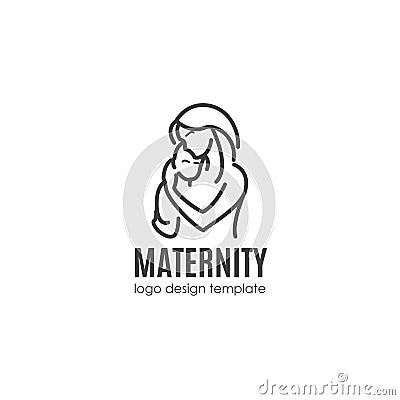 Maternity concept - happy woman with newborn. Vector logo design template in linear style Vector Illustration