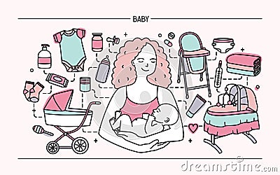Maternity concept. Horizontal banner with mother and baby, different children s accessories. Line art colorful vector Vector Illustration