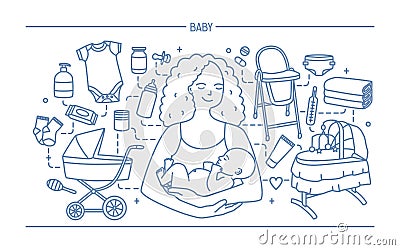 Maternity concept. Horizontal banner with mother and baby, different children s accessories. Line art vector Vector Illustration