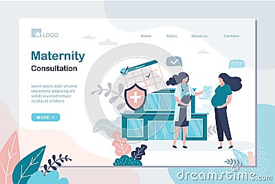 Maternity consultation landing page template. Beauty pregnant woman gets advice from gynecologist Vector Illustration