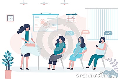 Maternity Courses concept. Pregnancy seminar. Group of pregnant women and doctor coach. Health care banner Vector Illustration