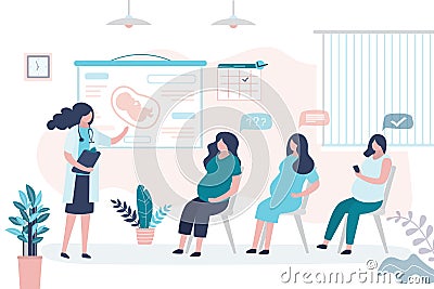 Maternity Courses concept. Pregnancy seminar. Group of pregnant women and doctor coach. Health care banner Vector Illustration