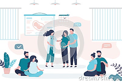 Maternity Courses concept. Pregnancy seminar. Group of pregnant women with husbands and doctor coach Vector Illustration
