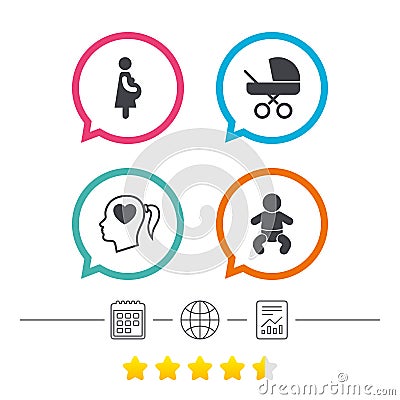 Maternity icons. Baby infant, pregnancy, buggy. Vector Illustration