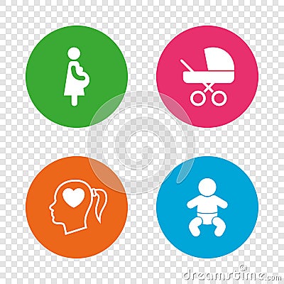 Maternity icons. Baby infant, pregnancy, buggy. Vector Illustration