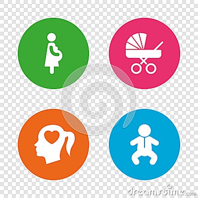 Maternity icons. Baby infant, pregnancy, buggy. Vector Illustration