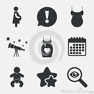 Maternity icons. Baby infant, pregnancy, dress. Vector Illustration