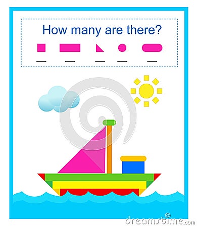Math activity for children. Count how many circles, rectangles, triangles, squares. Vector. Vector Illustration