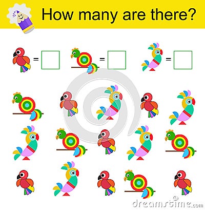 Math activity for kids. Developing numeracy skills. Cartoon parrots Vector Illustration