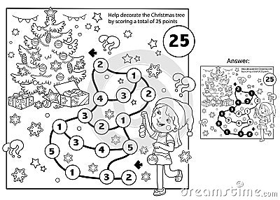 Math addition game. Puzzle for kids. Maze. Coloring Page Outline Of cartoon girl decorating the Christmas tree. New year. Vector Illustration