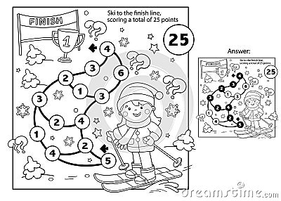 Math addition game. Puzzle for kids. Maze. Coloring Page Outline Of cartoon girl skiing. Winter sports. Coloring book for children Vector Illustration