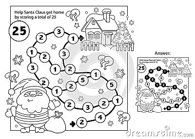 Math addition game. Puzzle for kids. Maze. Coloring Page Outline Of Santa Claus with gifts bag and Christmas tree. New year. Vector Illustration