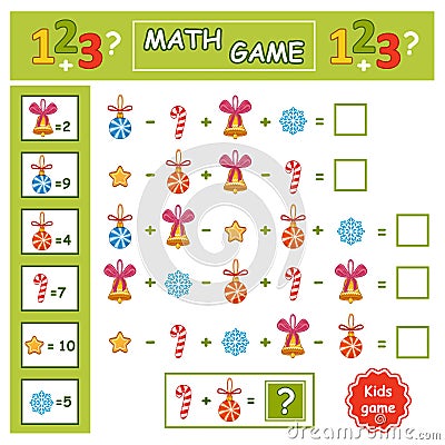 Math Christmas education children game. How many count New Year tree toy. Kid logical puzzle, mathematics learn task vector Vector Illustration