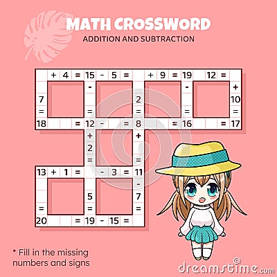 Math Crossword puzzle. Addition and subtraction. Vector Illustration