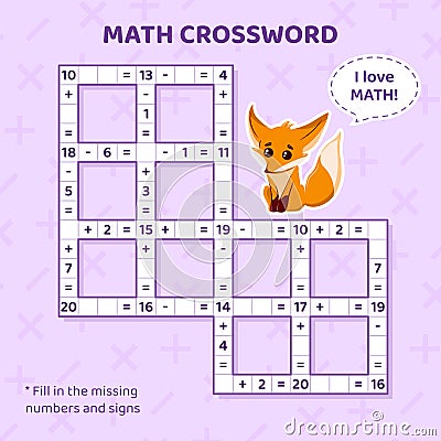 Math Crossword puzzle for children. Addition and subtraction. Vector Illustration