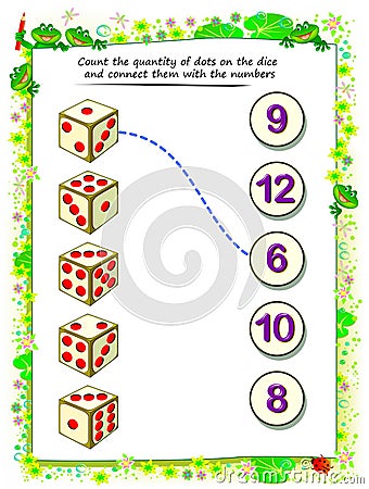 Math education for children. Count the quantity of dots on dice and connect them with numbers. Exercise on addition. Vector Illustration