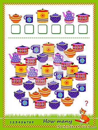 Math education for children. Count quantity of kitchen dishes and write the numbers. Developing counting skills. Logic puzzle game Vector Illustration