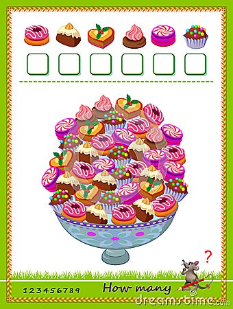 Math education for children. Count the quantity of sweets and write the numbers. Developing counting skills. Logic puzzle game. Vector Illustration