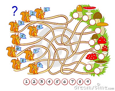 Math education for children. Find the path and write the numbers in circles. Developing counting skills. IQ test. Logic puzzle Vector Illustration
