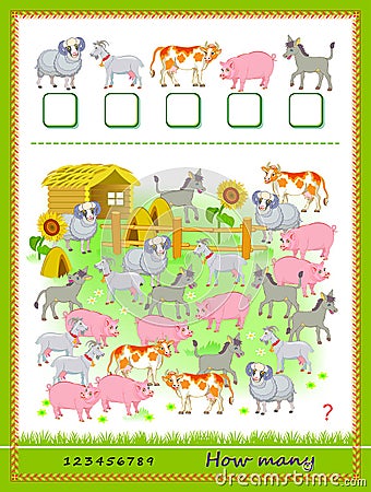 Math education for children. How many farm animals can you find? Count quantity and write the numbers. Developing counting skills Vector Illustration