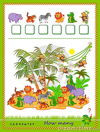 Math education for children. How many farm animals can you find? Count quantity and write the numbers. Developing counting skills Vector Illustration