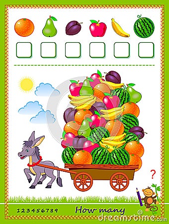 Math education for children. How many fruits harvested donkey? Count quantity and write numbers. Developing counting skills. Logic Vector Illustration