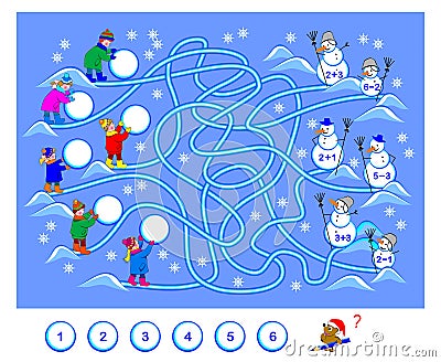 Math education for children. Logic puzzle game with labyrinth for kids. Solve examples, find the way and write the numbers on the Vector Illustration
