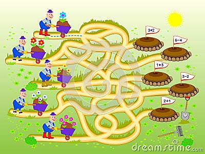 Math education for children. Logic puzzle game with maze for kids. Solve examples and help the gardeners find the paths to the Vector Illustration