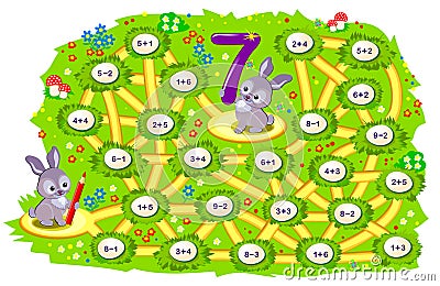 Math education for children. Logic puzzle game with maze for kids. Solve examples and help the rabbit find the way to his friend Vector Illustration