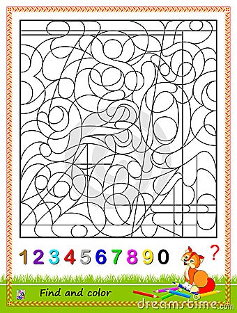 Math education for kids. Logic puzzle game. Find and paint the numbers from 1 to 0. Coloring book. Printable worksheet. Vector Illustration