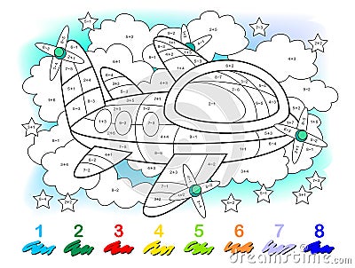 Math education for little children. Coloring book. Mathematical exercises on addition and subtraction. Vector Illustration