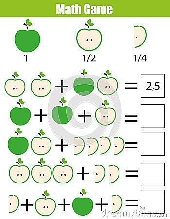 Math educational counting game for children, addition worksheet. Learning fractions, half, quarters Vector Illustration