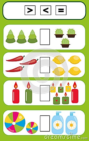 Math educational game for children. Complete the mathematical equation task, choose more, less or equal Vector Illustration