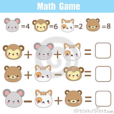 Math educational game for children. Counting equations. Mathematics worksheet with animals faces Vector Illustration