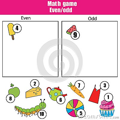 Math educational game for children. Learning even and odd numbers. Mathematics kids activity Vector Illustration