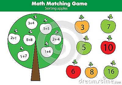 Math educational game for children. Matching mathematics activity. Counting game for kids, addition Vector Illustration