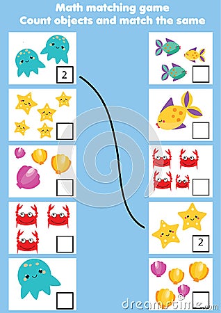 Math educational game for children. Matching mathematics activity. Counting game for kids Vector Illustration