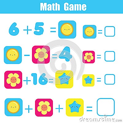 Educational game for children. Solve equations. Study Subtraction and addition Vector Illustration