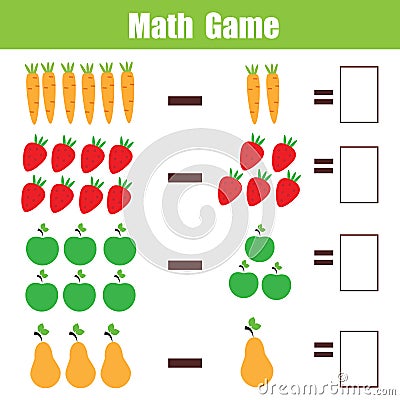 Math educational game for children, subtraction mathematics worksheet Vector Illustration